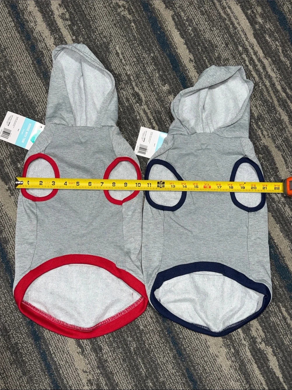 NWT Set 2 Gray Hoodie Pet Shirts with Red and Navy Trim. Measures 10.5in across